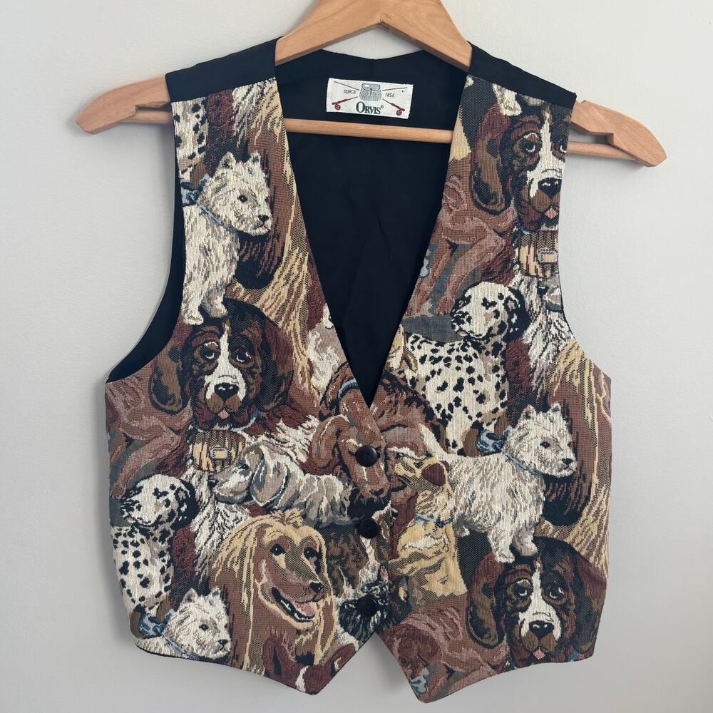 Vintage Orvis Dog Print Tapestry Vest Size Small